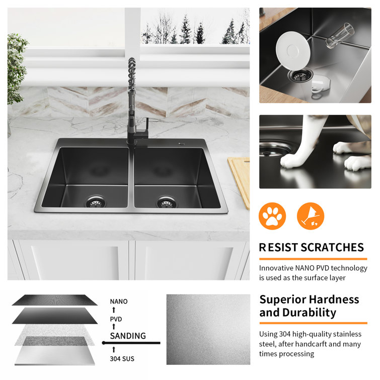 All in One Black Faucet ,33 inch Gunmetal Black 304T Double Bowl  Drop-InKitchen Sink